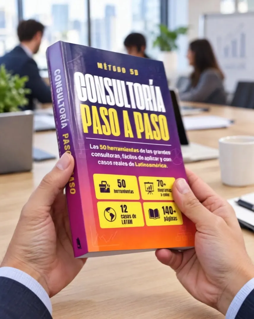 Una persona sostiene el libro Consultoría Paso a Paso en una oficina